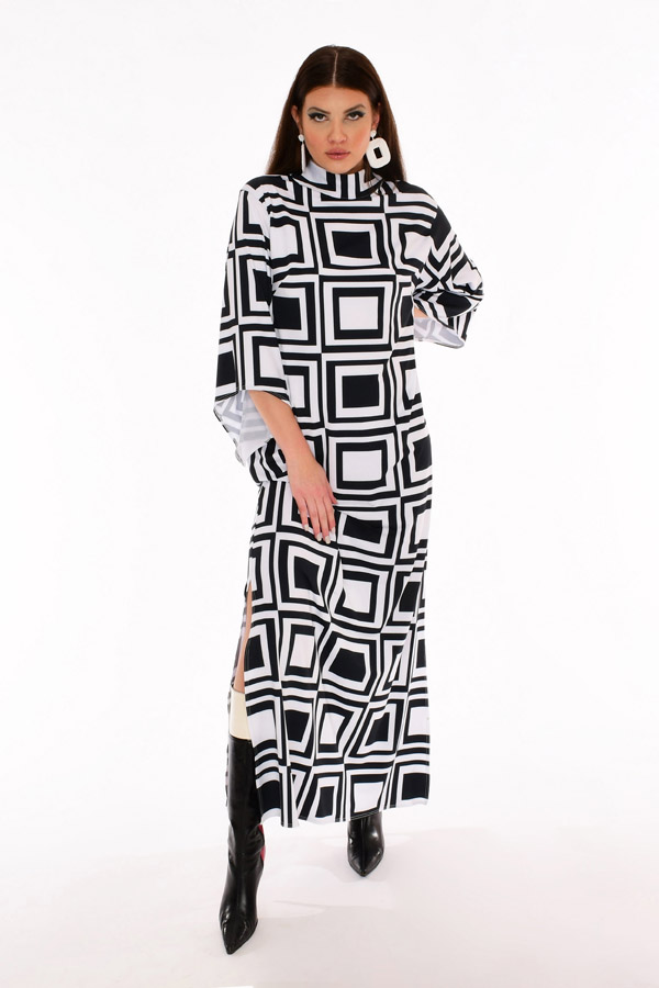 Donna 60s Black White Op Art Bell Sleeve Maxi Dress - Space Gambit