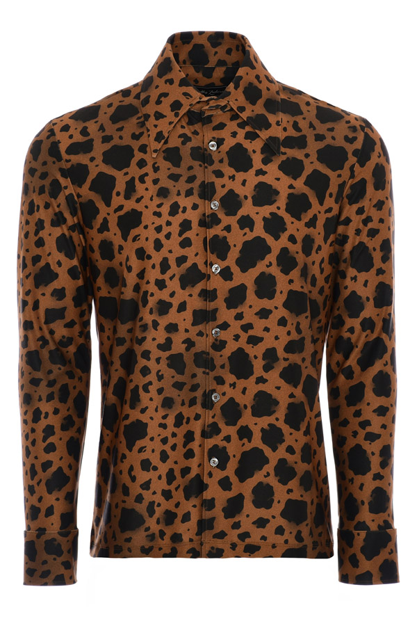 Mens 70s Dark Brown Cheetah Print Long Sleeve Shirt - Dorothy Zudora