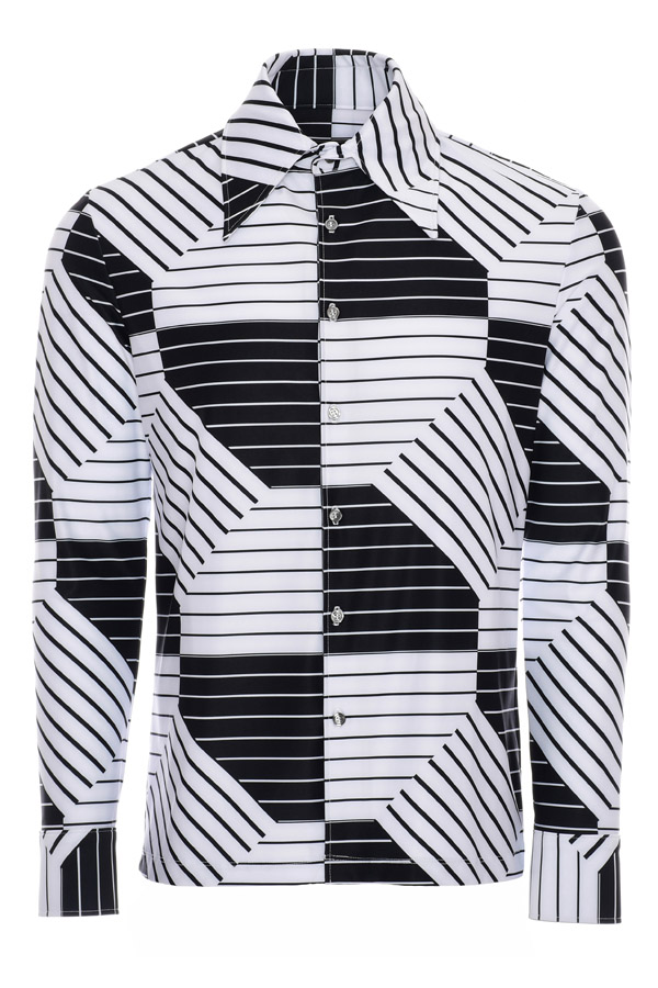 Mens 70s Black White Striped Op Art Print Long Sleeve - Mixed Signals - Vintage Clothing | Shop Vintage Fashion, Vintage Style Dresses Vintage Style Clothing Online - Dorothy Zudora
