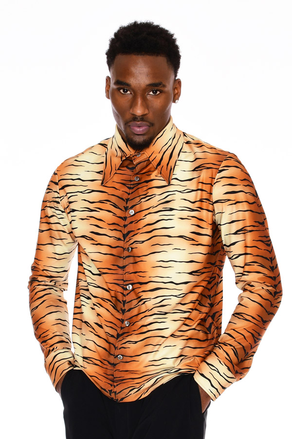 Tiger Print Shirt Mens Long Sleeve Button Up Stretch Jersey Vintage 70s | Year of The Tiger Dress Shirt | Size S Small