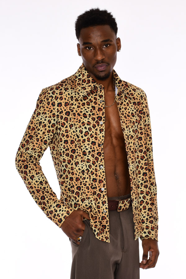Mens 70s Leopard Print Button Up Long Sleeve Shirt - Small Print ...
