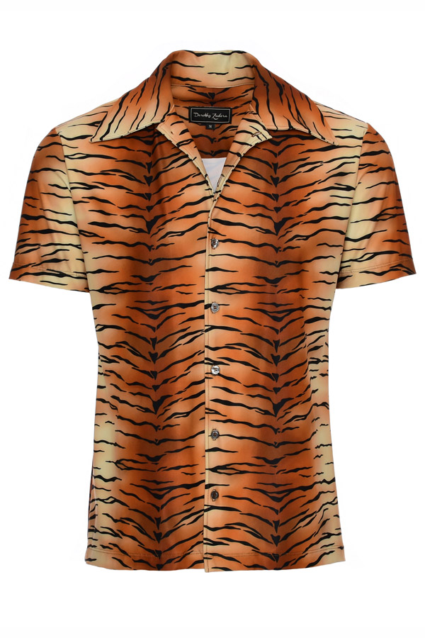 Mens 60s Large Tiger Print Short Sleeve Camp Shirt Xs