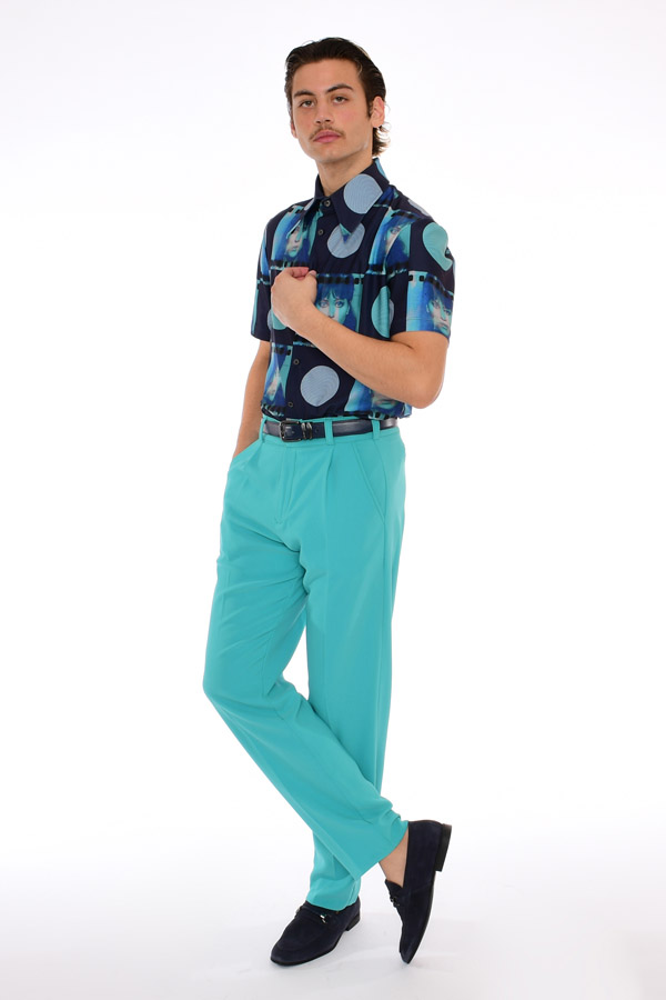 Mens 70s Aqua Blue Slim Fit Stretch Dress Pants 36/32